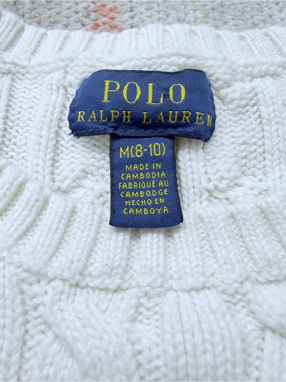 Ralph Lauren Girls' Cream Cable Crewneck Sweater with Navy Pony - Picture 4 of 8